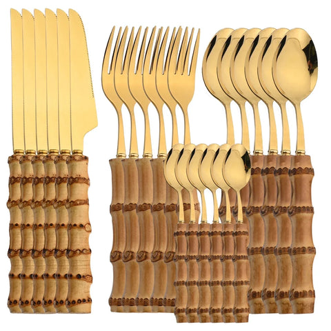 Talheres em Bambu e Inox, Talheres Ecológicos para Jantar, Talheres com Cabo de Bambu, Kit de Talheres Sustentável, Jogo de Talheres Naturais, Conjunto de Talheres Bambu.
